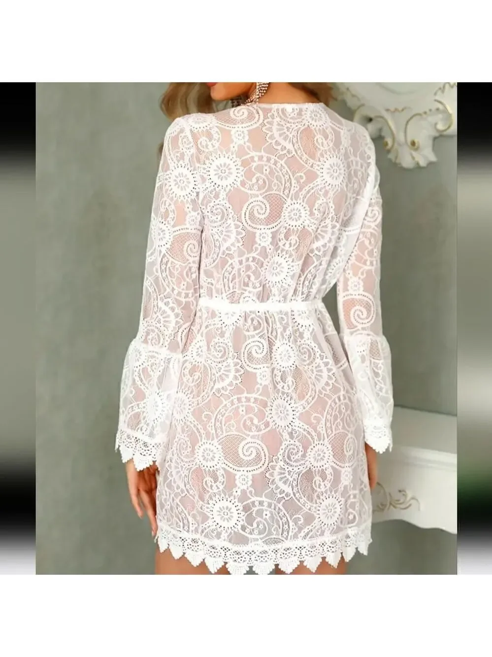 Lace Hollow Crochet Bikini Cover-ups Floral Beach Dress Beachwear Bathing Suit - Picture 4 of 12